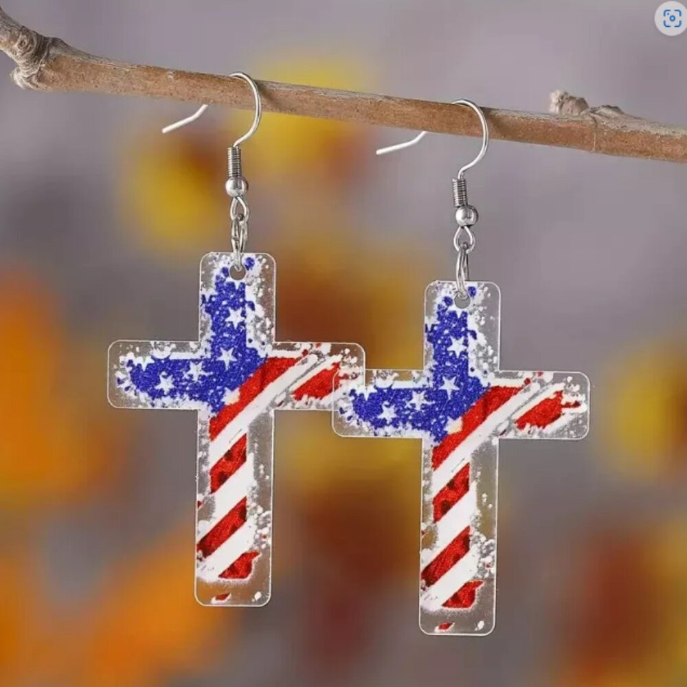 Red White Blue Stripes Pattern Flag Cross Dangle Earrings Acrylic